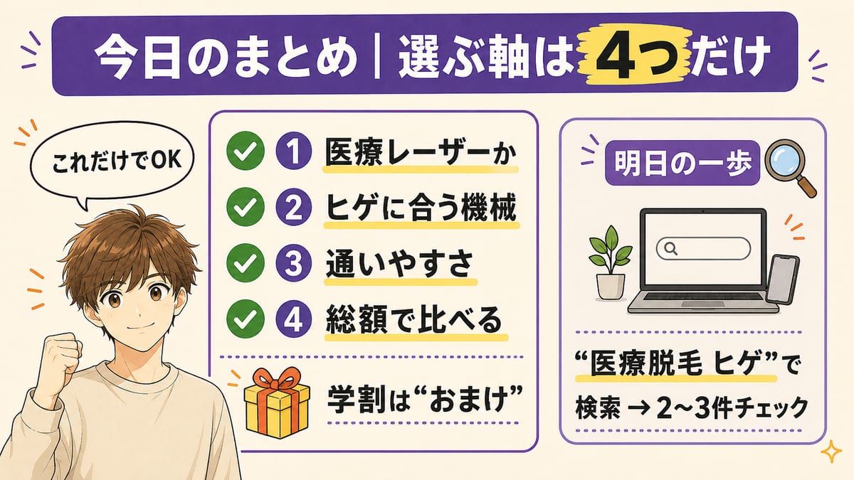 今日のまとめの図。選ぶ軸は医療レーザーか・ヒゲに合う機械・通いやすさ・総額の4つで、学割はおまけ。明日は医療脱毛ヒゲで検索して2〜3件チェック