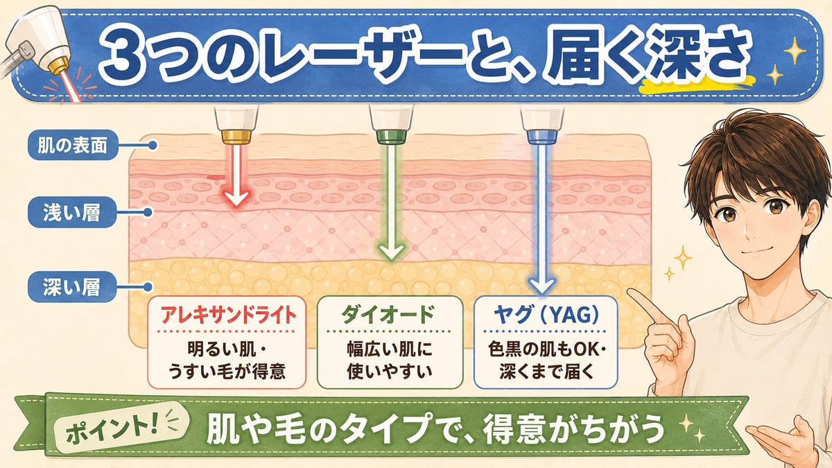 肌の断面図で、アレキサンドライト（浅め・明るい肌や色のうすい毛が得意）、ダイオード（中くらい・幅広い肌に使いやすい）、ヤグ（YAG）（深い・色黒の肌にも使いやすく深くまで届く）の3つのレーザーが届く深さの違いを示した図解