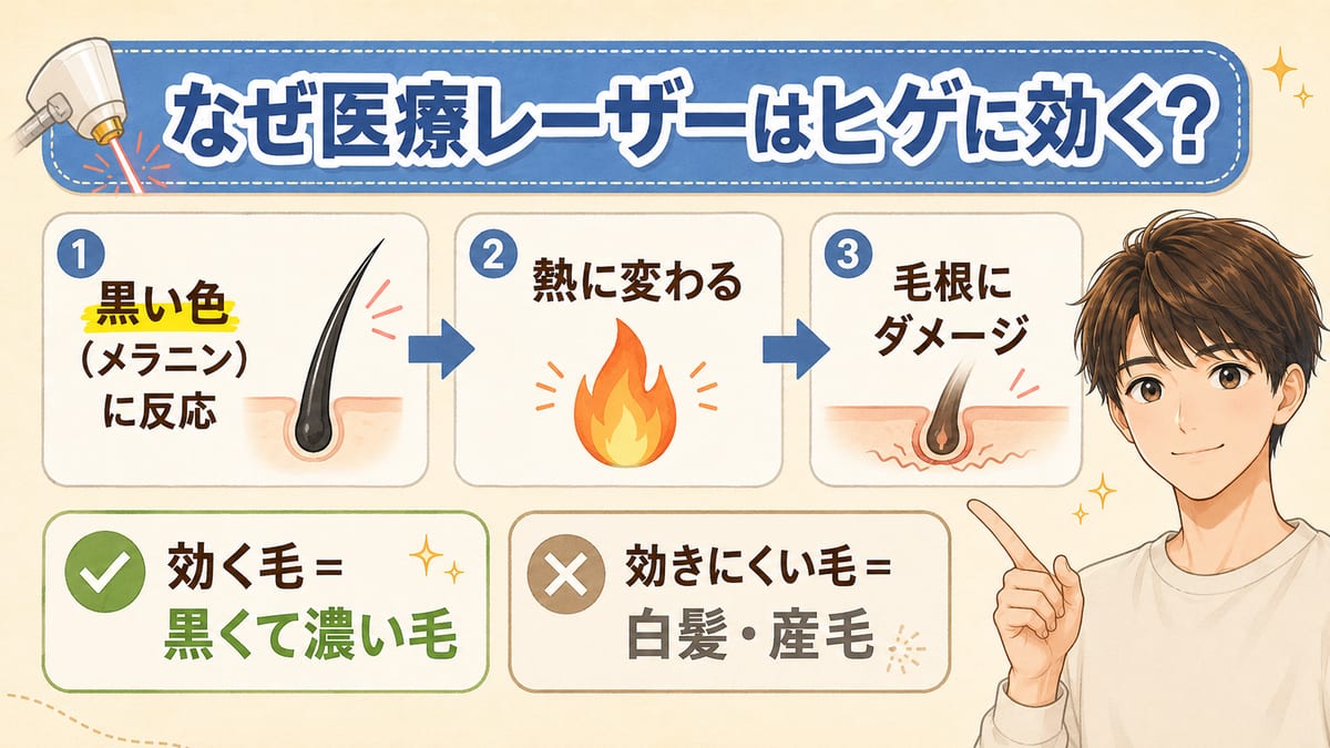 医療レーザーが毛の黒い色（メラニン）に反応し、熱に変わって毛根にダメージを与える仕組みを示す見出し画像