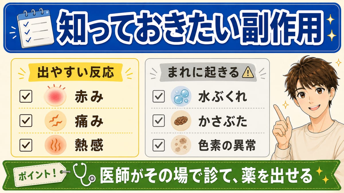 医療レーザー脱毛で出やすい反応とまれに起きる副作用、医師がその場で診て薬を出せる安心を示す見出し画像