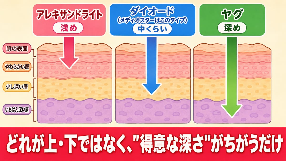 レーザーの届く深さの図解。アレキは浅め・ダイオード(メディオ)は中くらい・ヤグは深めで、優劣でなく得意な深さの違いと示す