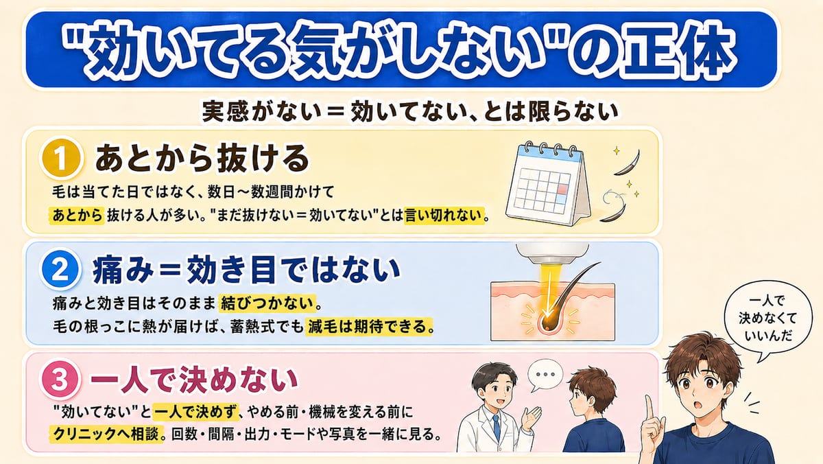 「効いてる気がしない」の正体を、毛はあとから抜ける・痛くない≠効いてない・一人で決めないの3点でまとめた見出し画像