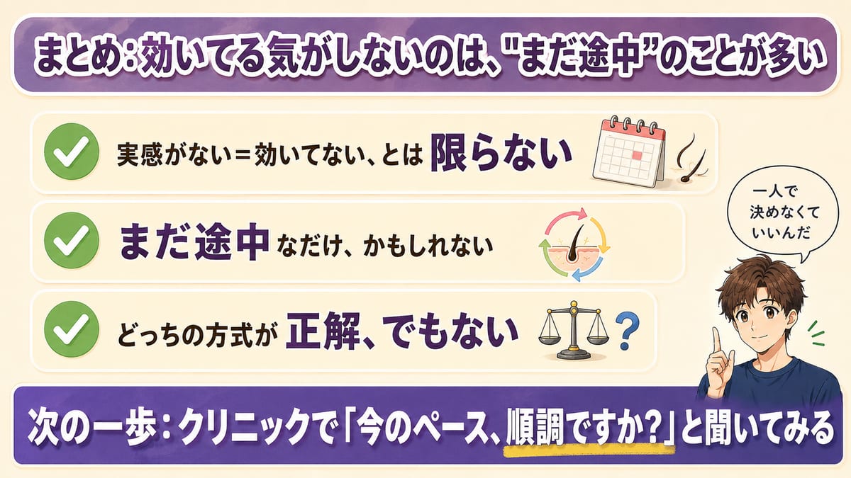 メディオスターで効果ないと感じてもまだ途中のことが多いとまとめ、次の一歩を聞くことを促すチェックリストの見出し画像