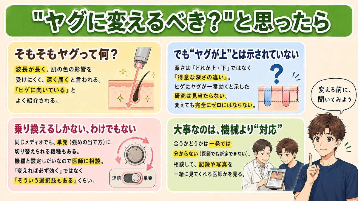 ヤグに変えるべきか迷ったとき、優劣の研究はない・全部解決ではない・対応を見るを整理した見出し画像