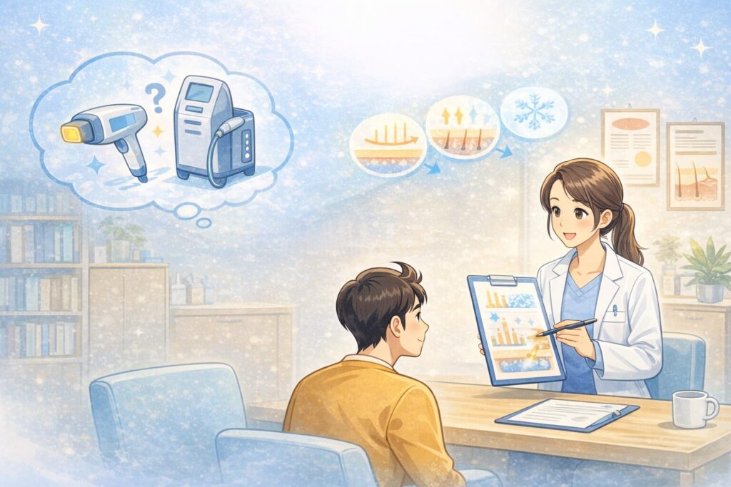 ヒゲ脱毛はなぜ機械で差が出るのかを医師に相談する様子のイラスト