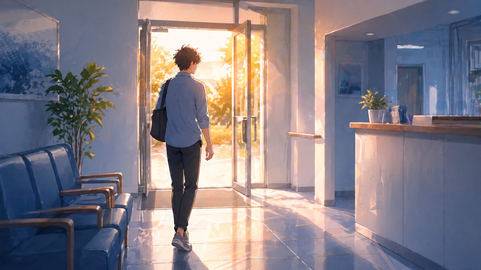 クリニックの出口に向かって歩く男性の後ろ姿。外から暖かい光が差し込んでいる